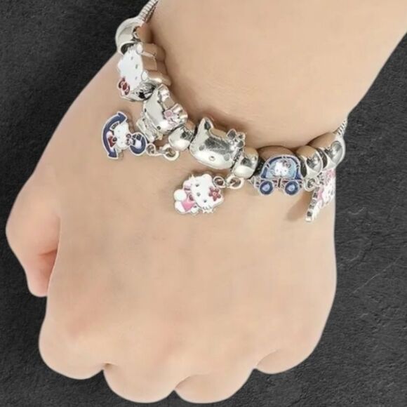 Hello Kitty Charm Bracelet Pink Silver Plated Heart Bow Car Cat Charms Jewelry - Picture 2 of 3